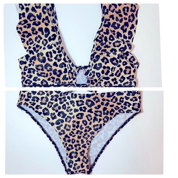 Private Label Other - Animal Print Bikini Ruffle Top with middle tie & High Waisted Bottoms